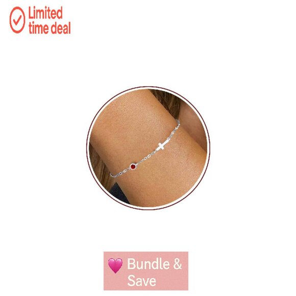 Dainty Gold Cross Bracelet with Birthstone, 6.5" + 2" Extender - Picture 1 of 8